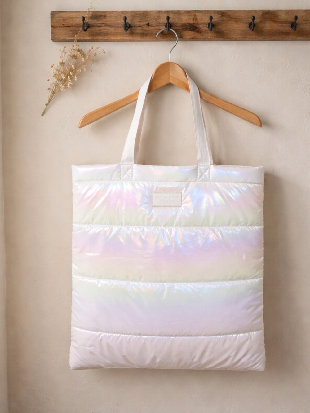 Bath & Body Works White Iridescent Nylon‎ Quilted White Puffer Tote